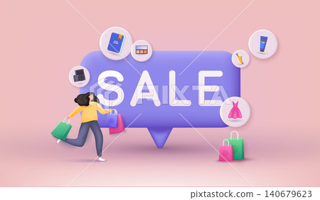 People Character shop at an store. Discount banner design. Online shopping concept. 3D Web Vector Illustrations. People Character shop at an store. Discount banner design. Online shopping concept. 3D Web Vector Illustrations. 140679623