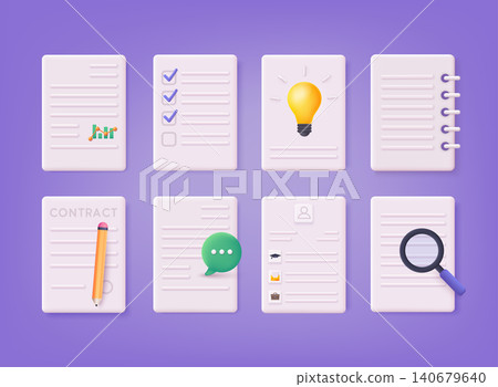 Documents icon set. Set includes icons as report, wish list, cv resume, paper clipboard, task list. 3D Web Vector Illustrations. Documents icon set. Set includes icons as report, wish list, cv resume, paper clipboard, task list. 3D Web Vector Illustrations. 140679640