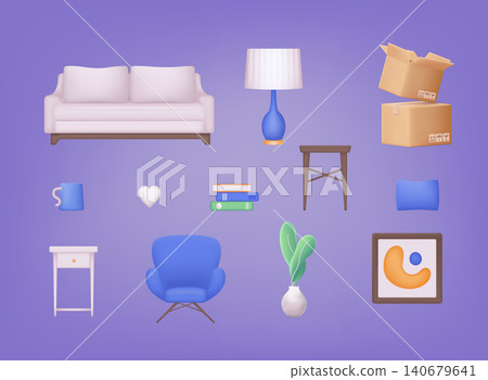Furniture vector 3d illustration set. Cartoon furnishings design with sofa armchair, lamp, table, house plants. 3D Web Vector Illustrations. 140679641