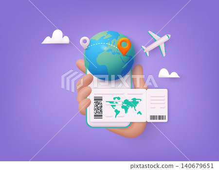 Online booking flight tickets concept on mobile phone. Time to travel concept. 3D Web Vector Illustrations. Online booking flight tickets concept on mobile phone. Time to travel concept. 3D Web Vector Illustrations. 140679651