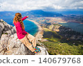 Woman sits on a rocky cliff above Dalyan, Turkey, overlooking sea,  Iztuzu Turtle beach, river delta and lagoon. Inspiring travel scene with panoramic coastal landscape and outdoor lifestyle. 140679768