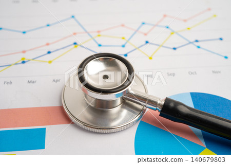Stethoscope on finance business chart paper. Stethoscope on finance business chart paper. 140679803
