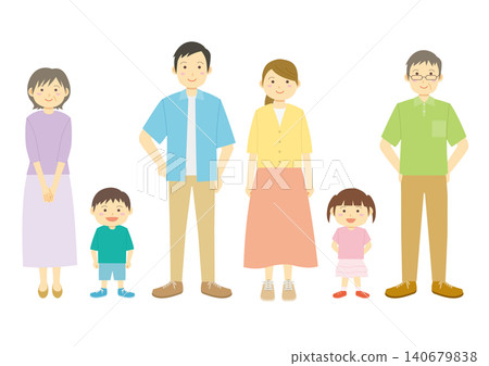 A set of illustrations of a family in summer clothes facing forward. A set of illustrations of a family in summer clothes facing forward. 140679838