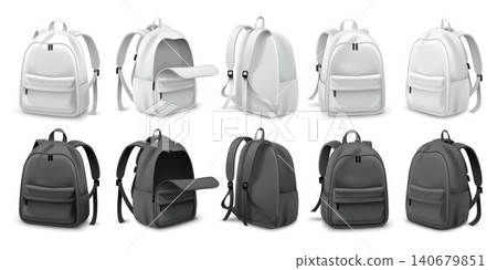 School backpack mockup. Realistic rucksack with strap handle pocket back front side view template, white black schoolbag student bag satchel 3d isolated garish vector illustration 140679851