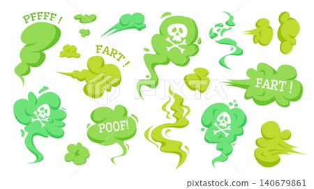 Fart smoke. Stink smell toxic cloud green gas fart, bad breath steam skull icon flatulence odour cartoon bomb miasma poison nasty air effect stench qualitative vector illustration 140679861
