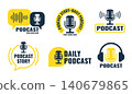 Podcast logo. Radio talk show studio mic icon, audio sound voice record broadcast social media online interview live speak stream music flat design qualitative vector illustration 140679865