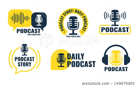 Podcast logo. Radio talk show studio mic icon, audio sound voice record broadcast social media online interview live speak stream music flat design qualitative vector illustration 140679865