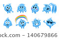 Water drop characters. Drop cartoon character, cute liquid mascot face emoji smile funny droplet sad happy expression aqua rain raindrop emoticon qualitative vector illustration 140679866