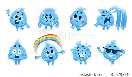 Water drop characters. Drop cartoon character, cute liquid mascot face emoji smile funny droplet sad happy expression aqua rain raindrop emoticon qualitative vector illustration 140679866