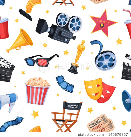 Cinema elements pattern. Movie theater seamless print wall, tv films entertainment background cinematography festival wallpaper video camera popcorn qualitative vector illustration Cinema elements pattern. Movie theater seamless print wall, tv films entertainment background cinematography festival wallpaper video camera popcorn qualitative vector illustration 140679867