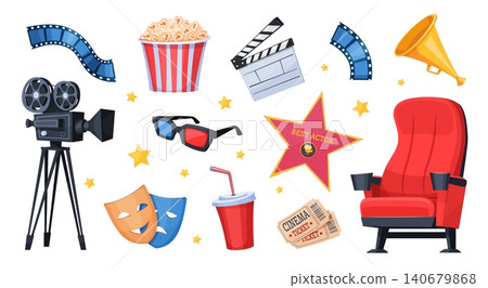 Cinema items. Retro camera, film tape popcorn clapper board chair red armchair movie theater tickets food drink elements tv show industry, cartoon qualitative vector illustration Cinema items. Retro camera, film tape popcorn clapper board chair red armchair movie theater tickets food drink elements tv show industry, cartoon qualitative vector illustration 140679868