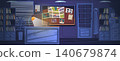 Detective night room. Investigator dark cabinet, work table inside police inspector department station secret agent private agency noir cartoon interior classy vector illustration 140679874