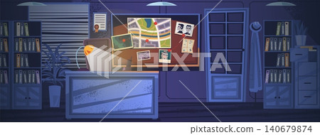 Detective night room. Investigator dark cabinet, work table inside police inspector department station secret agent private agency noir cartoon interior classy vector illustration 140679874