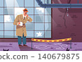 Detective crime scene. Investigator police inspector investigating murder criminal place sleuth looking evidence officer find criminal cartoon background classy vector illustration 140679875