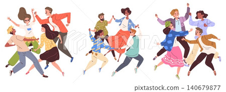 Dancing friends group. Happy young people dance party, friend dancing crowd person fun celebrate together man woman dancer disco music joy night event classy vector illustration 140679877