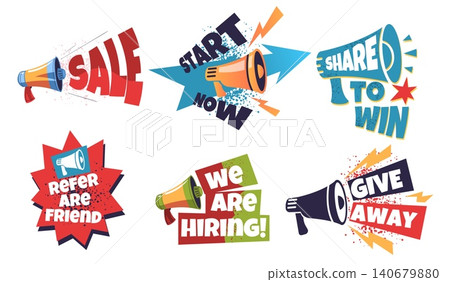 Loudspeaker badges. Megaphone offer banner, sale promotion discount announcement deal label sticker prize contest giveaway social media refer marketing classy vector illustration 140679880