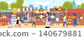 People farmers market. Outdoor marketplace, local bazaar farm fair organic food grocery store fresh fruit vegetable street shop merchant kiosk customer classy vector illustration 140679881