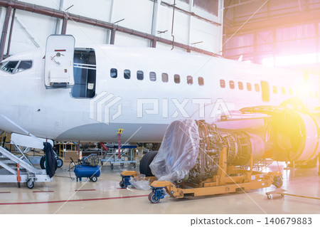Passenger airplane in aviation hangar. A removed aircraft engine is located next to the plane. Airliner under maintenance Passenger airplane in aviation hangar. A removed aircraft engine is located next to the plane. Airliner under maintenance 140679883