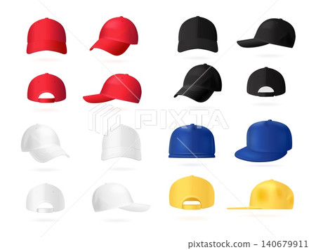 Realistic baseball caps. 3d sport cap mockup, trucker hat visor front back view gangster snapback red black blue white uniform cloth fashion isolated set exact vector illustration Realistic baseball caps. 3d sport cap mockup, trucker hat visor front back view gangster snapback red black blue white uniform cloth fashion isolated set exact vector illustration 140679911
