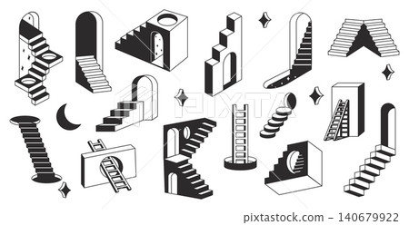 Staircase portal. Ladder surreal door, geometric abstract stairway space illusion stairs arch window construction fantasy universe minimal element design neat vector illustration 140679922
