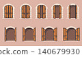 Castle door animation. Open medieval gate sequence, old double wooden doors closed fantasy game dungeon iron metal wood ancient entrance stone arch cartoon neat vector illustration 140679930
