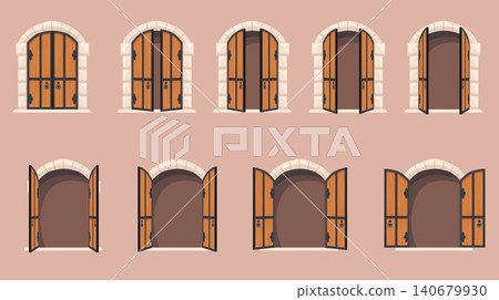 Castle door animation. Open medieval gate sequence, old double wooden doors closed fantasy game dungeon iron metal wood ancient entrance stone arch cartoon neat vector illustration 140679930