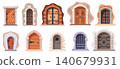 Castle doors. Old wooden door medieval stone arch dungeon gate ancient brick wall fantasy palace entrance fairytale antique gothic doorway set game cartoon neat vector illustration 140679931