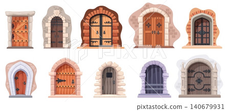 Castle doors. Old wooden door medieval stone arch dungeon gate ancient brick wall fantasy palace entrance fairytale antique gothic doorway set game cartoon neat vector illustration Castle doors. Old wooden door medieval stone arch dungeon gate ancient brick wall fantasy palace entrance fairytale antique gothic doorway set game cartoon neat vector illustration 140679931