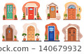 Vintage front doors. Retro house entrance facade antique wooden door old hotel doorway classic castle gate entry porch glass window brick wall building set neat vector illustration 140679932