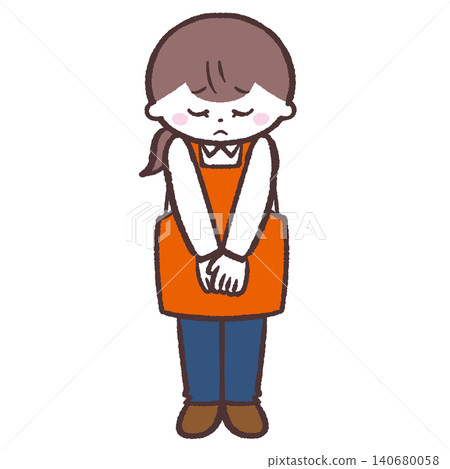 Illustration of a woman in an apron bowing her head. Illustration of a woman in an apron bowing her head. 140680058