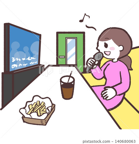 Illustration of a woman singing karaoke alone Illustration of a woman singing karaoke alone 140680063
