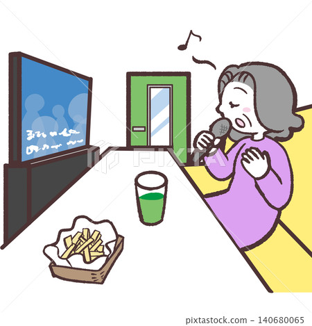 Illustration of a senior woman singing karaoke alone Illustration of a senior woman singing karaoke alone 140680065