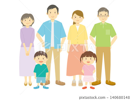 An image illustration of a family in summer clothes facing forward. An image illustration of a family in summer clothes facing forward. 140680148