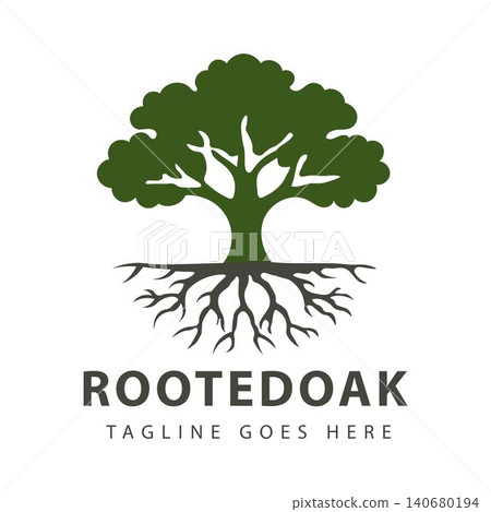 Tree Root Logo with Clean Oak Silhouette and Underground Network for Sustainability and Agriculture 140680194
