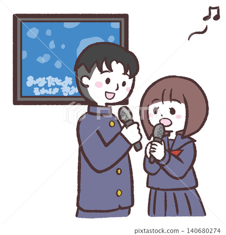 圖:一男一女身穿校服,正在唱卡拉OK。 圖:一男一女身穿校服,正在唱卡拉OK。 140680274