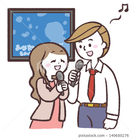 Illustration of a man and woman singing karaoke Illustration of a man and woman singing karaoke 140680276