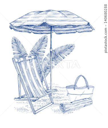 Chaise lounge with the beach umbrella, palm branches, bag and towel on the sand. Handmade ink illustration. For design of cards, cover, prints, product labels and fabric. 140680288