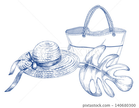 The beach bag, straw hat and palm leaf. Handmade ink illustration. For design of cards, cover, prints, product labels and fabric. The beach bag, straw hat and palm leaf. Handmade ink illustration. For design of cards, cover, prints, product labels and fabric. 140680300