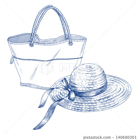 The beach bag and straw hat. Handmade ink illustration. For design of cards, cover, prints, product labels and fabric. The beach bag and straw hat. Handmade ink illustration. For design of cards, cover, prints, product labels and fabric. 140680301