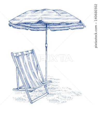 Chaise lounge with the beach umbrella on the sand. Handmade ink illustration. For design of cards, cover, prints, product labels and fabric. Chaise lounge with the beach umbrella on the sand. Handmade ink illustration. For design of cards, cover, prints, product labels and fabric. 140680302