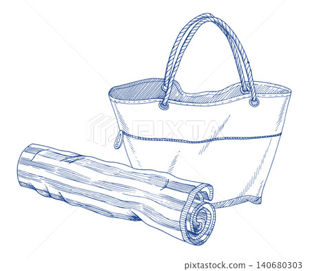 The beach bag and towel. Handmade ink illustration. For design of cards, cover, prints, product labels and fabric. 140680303
