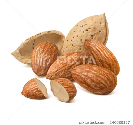 Almond in nutshell isolated on white background. Real photography. Almond in nutshell isolated on white background. Real photography. 140680337