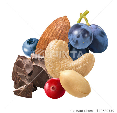 Chocolate, almond, peanut, cashew nut, cranberry, blueberry and grapes isolated on white background Chocolate, almond, peanut, cashew nut, cranberry, blueberry and grapes isolated on white background 140680339