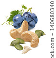 Cashew nut, blue grapes, sunflower and pumpkin seeds isolated on white background. Vertical layout 140680340
