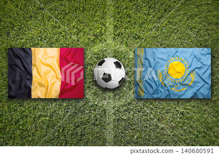 Belgium vs. Kazakhstan flags on soccer field Belgium vs. Kazakhstan flags on soccer field 140680591