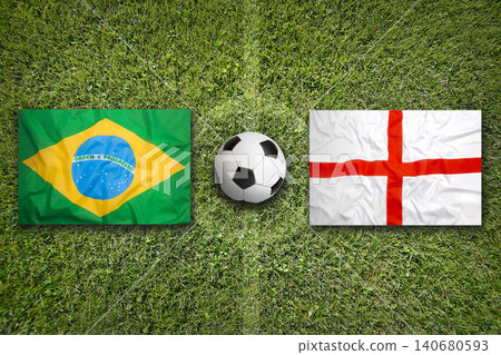 Brazil vs. England flags on soccer field 140680593