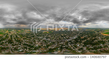 360 Aerial Panorama of a Town in Kyrgyzstan with Dramatic Clouds 360 Aerial Panorama of a Town in Kyrgyzstan with Dramatic Clouds 140680797