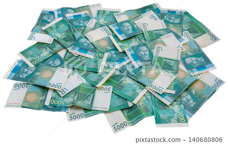 Scattered 5000 Kyrgyzstani som banknotes on White Background Scattered 5000 Kyrgyzstani som banknotes on White Background 140680806