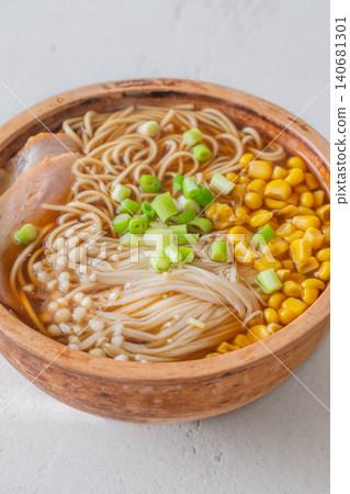 Japanese Ramen Soup With Pork Belly Corn And Enoki Mushrooms 140681301