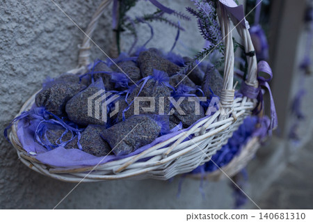 Lavender sachets in a decorative wicker basket Lavender sachets in a decorative wicker basket 140681310